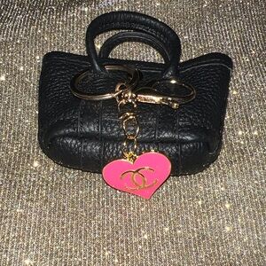 Chic Black Designer Inspired Mini Bag Charm/Key with Heart Charm